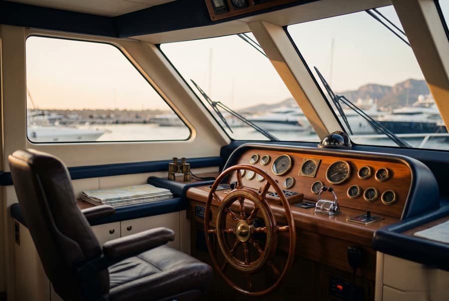 Yacht bridge with captain at the helm, navigating the Athens Riviera