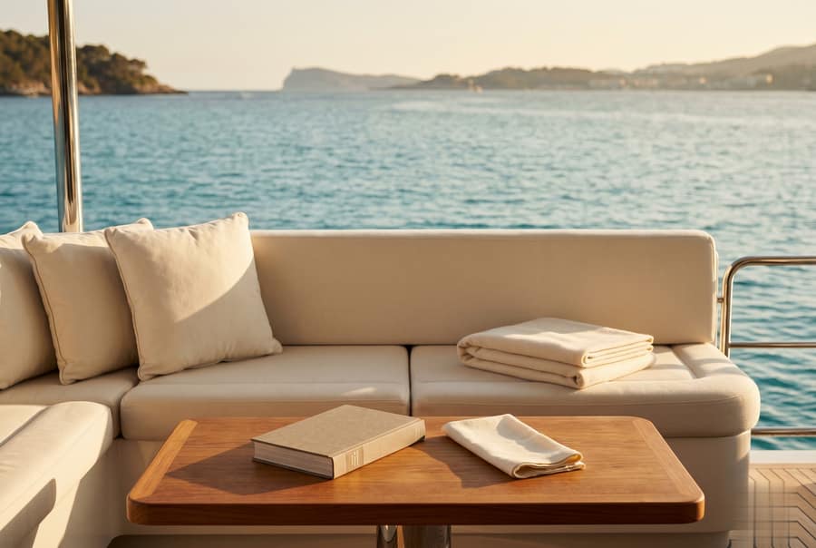 Yacht main-deck lounge with linen cushions, set for guests at golden hour